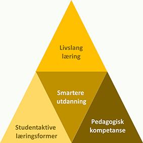 Illustrasjon av "Smartere utdanning" med undertemaene  Studentaktive læringsformer og praksisstudier; Pedagogisk kompetanse; og Livslang læring