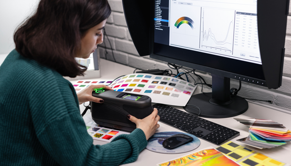 A student is conducting a measurement of goniochromatic samples using MA-T12. These samples change colour under different angles. Photo: Geir Mogen / NTNU