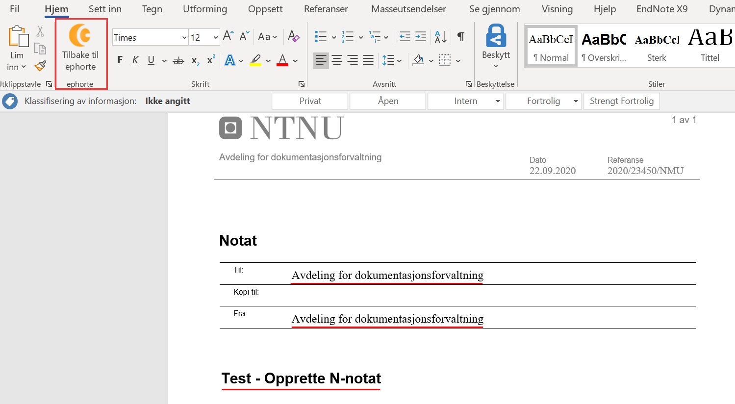 EPhorte - Opprette N-notat - Kunnskapsbasen - NTNU