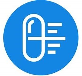 Logoen til Micromedex, en lyseblå sirkel med en avlang pille med streker over