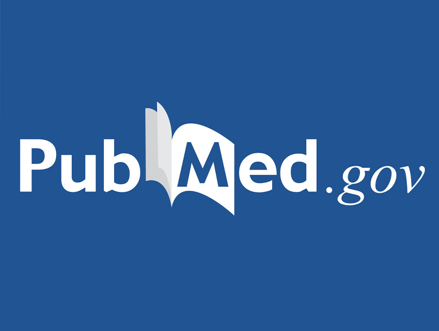 PubMed logo liggende, åpen bok, mørkeblå bakgrunn