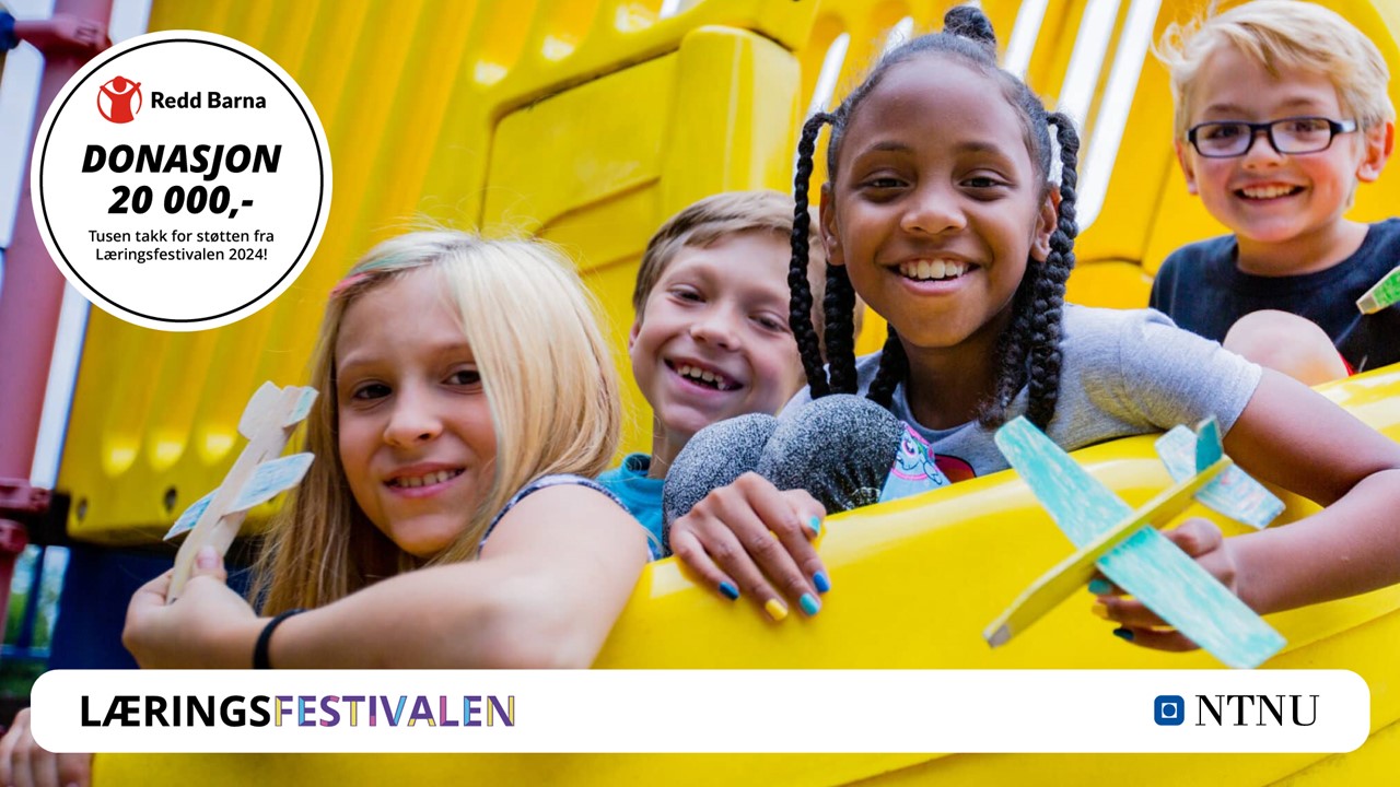 Tekst i bildet: Redd Barna donasjon 20 000. Tusen takk for støtten fra Læringsfestivalen 2024! Teksten liger oppå et bilde av smilende barn.