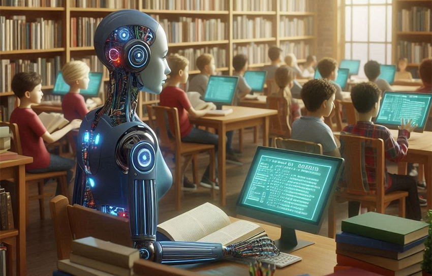 KI-generert bilde: en robot sitter i et klasserom med mange elever. Alle har en datamaskin, og noen har bøker. Foto