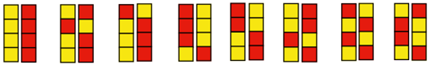 En illustrasjon av 16 tårn der to og to tårn har motsatte farger. PNG