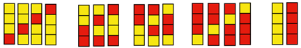 En illustrasjon av 16 tårn der tårn som er systematisert etter antall gule og røde klosser i tårnet. PNG