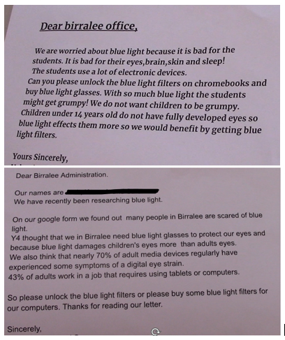 Brev sendt til ledelsen ved Birralee om at de ønsker å redusere effekten av blått lys. Foto