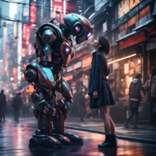 Girl and robot looking at each other 