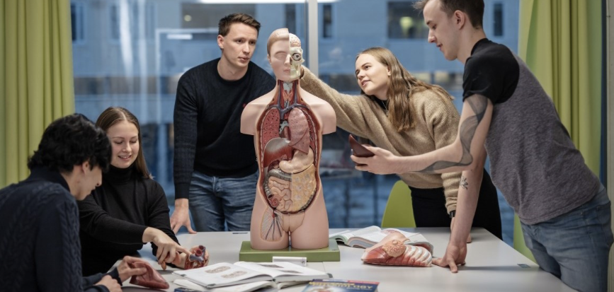 En øvingsdukke står på bordet og fem studenter står rundt og ser på den