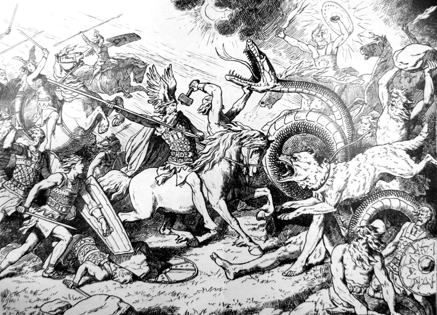 A drawing of Ragnarok, depicted as a chaotic battle between a wide array of mythical figures and animals. A man on a horse with a spear is at the center of the action, with another man fighting a large serpant with a hammer behind him.
