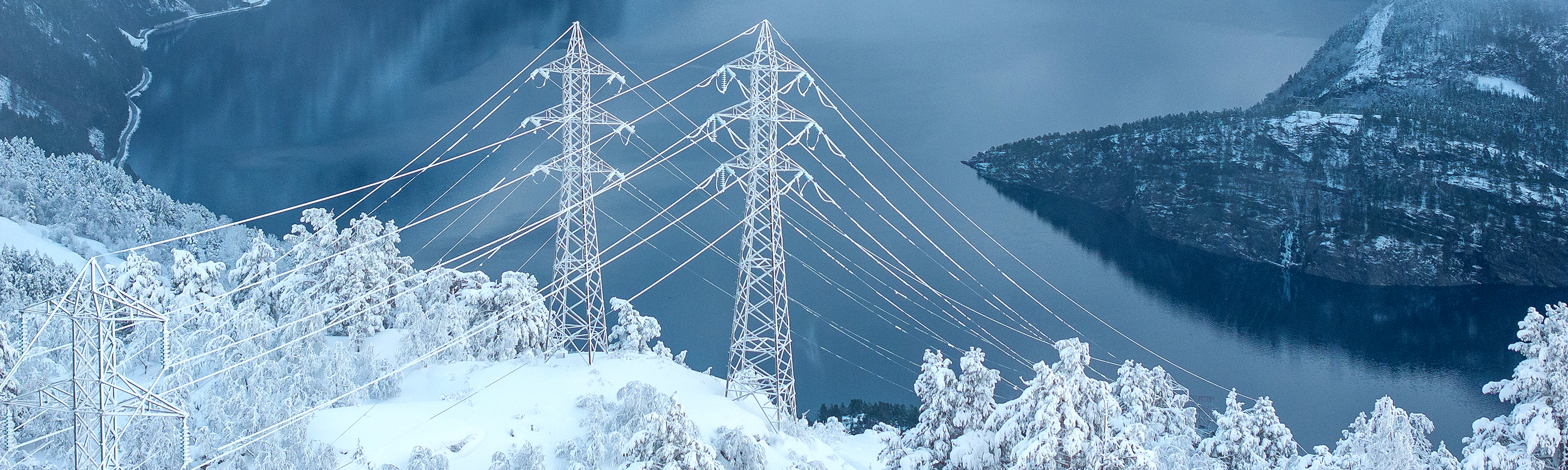 Høystpentledninger over en fjord i et fjellterreng med snø.