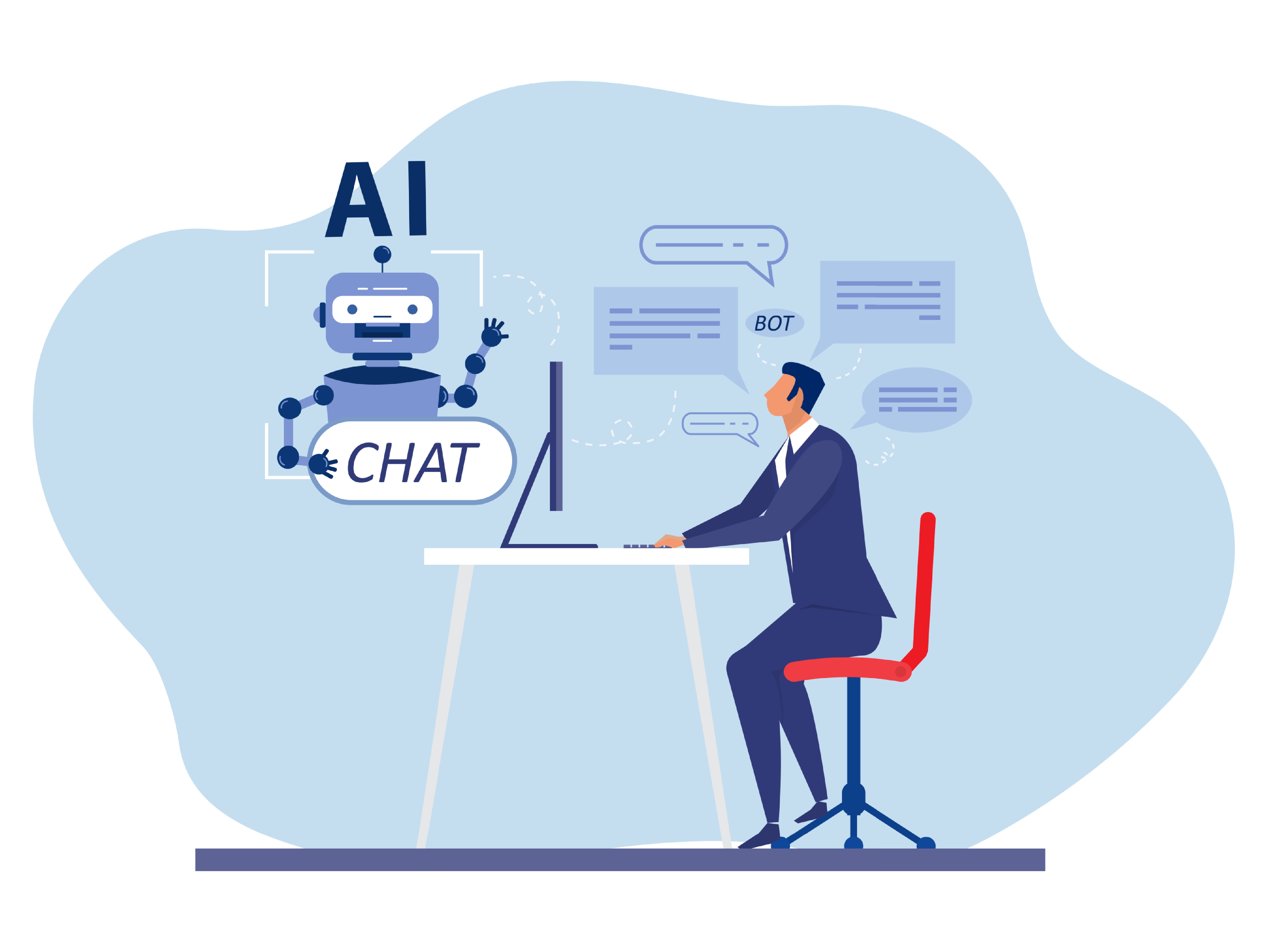 En illustrasjon av en person som chatter med en AI chatbot på datamaskinen sin