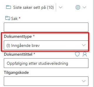 Velge dokumenttype i arkiveringspanelet i Outlook