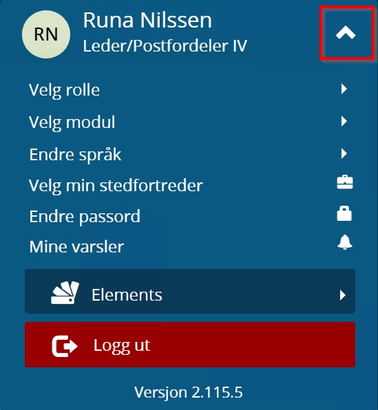 Meny under navnet ditt i Elements