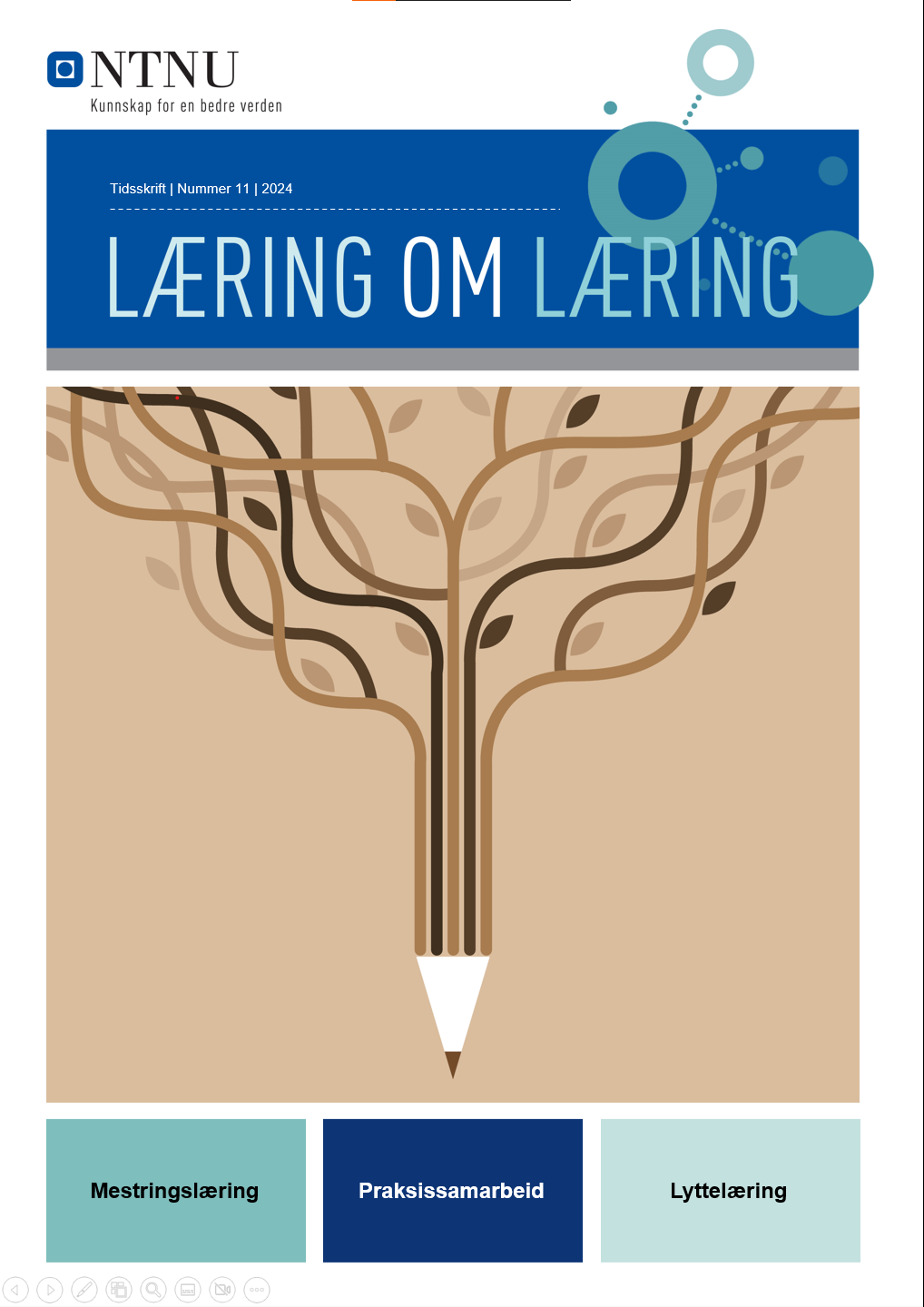 Omslaget til læring om læring. Det viser en loddrett blyant som blir til et tre. Nederst står stikkordene mestringslæring, praksissamarbeid og lyttelæring